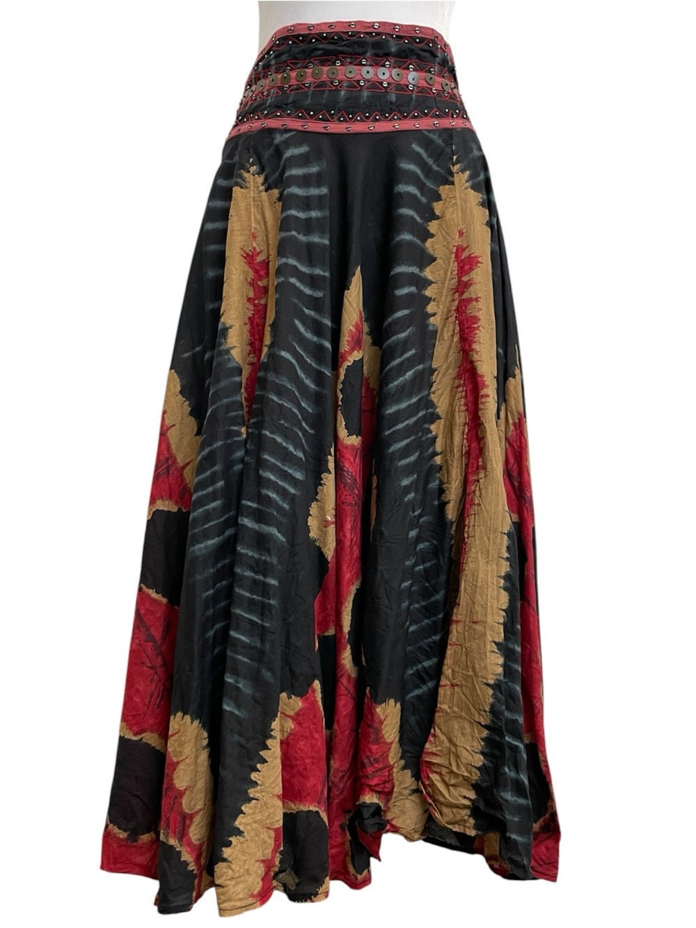 Sandy Starkman Vintage Black Cotton Red Tie Dye Beaded Waist Midi Skirt